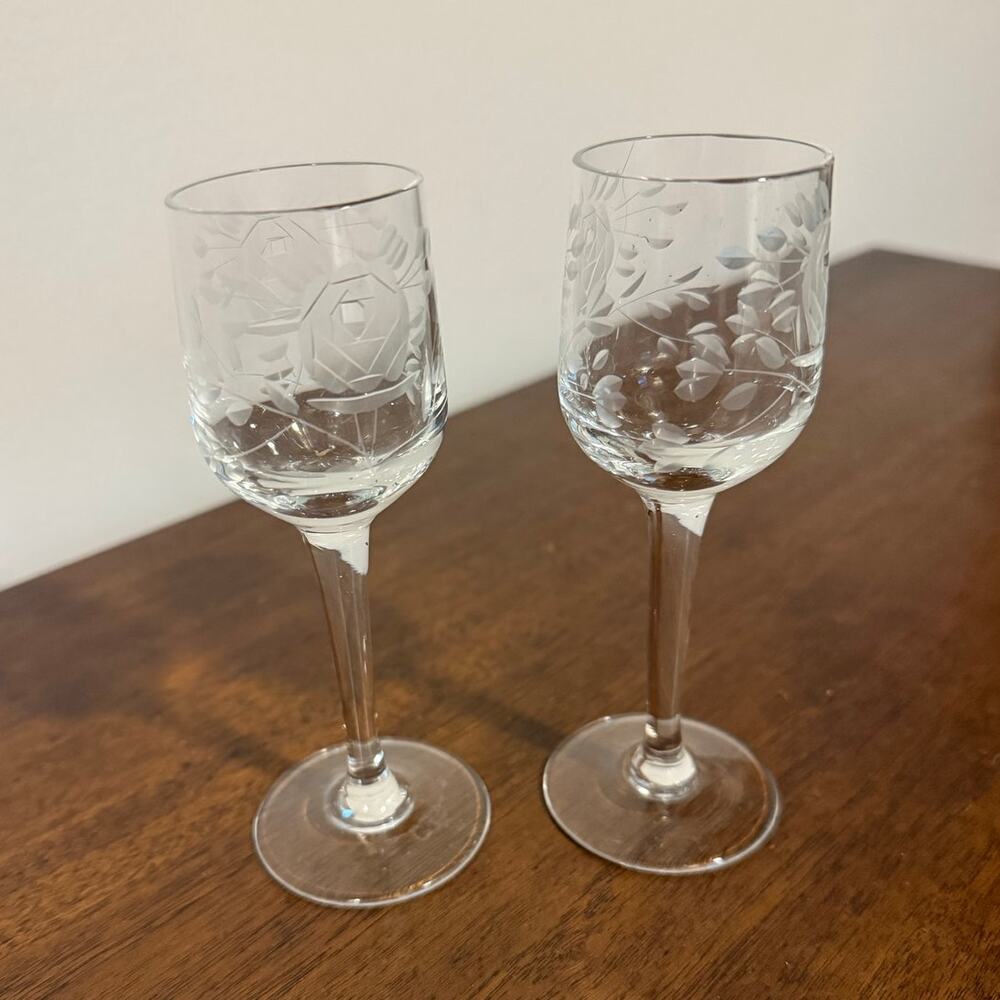 Vintage Crystal Clear Industries floral etched cordial glasses